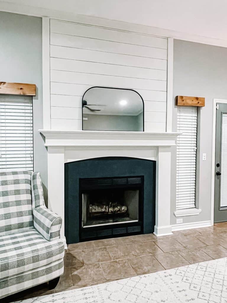 Wood valances by the fireplace. 