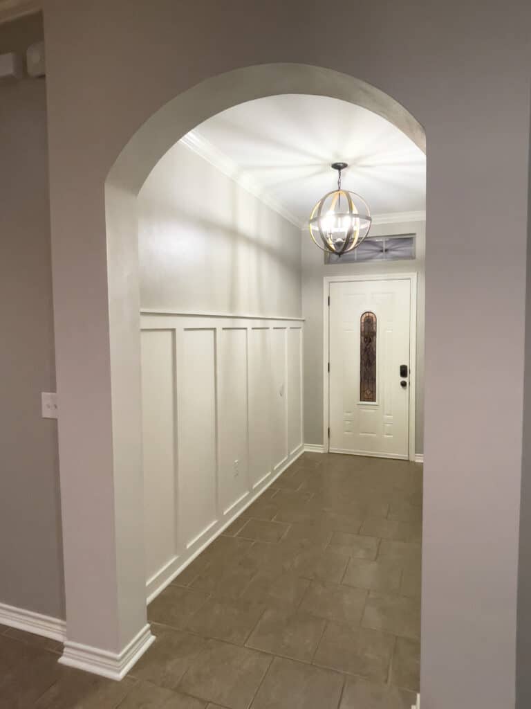 Entryway painted Mindful gray and Alabaster.