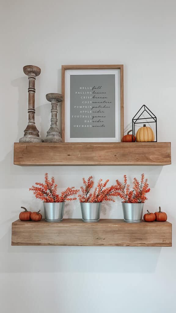 Stained wood shelves. 