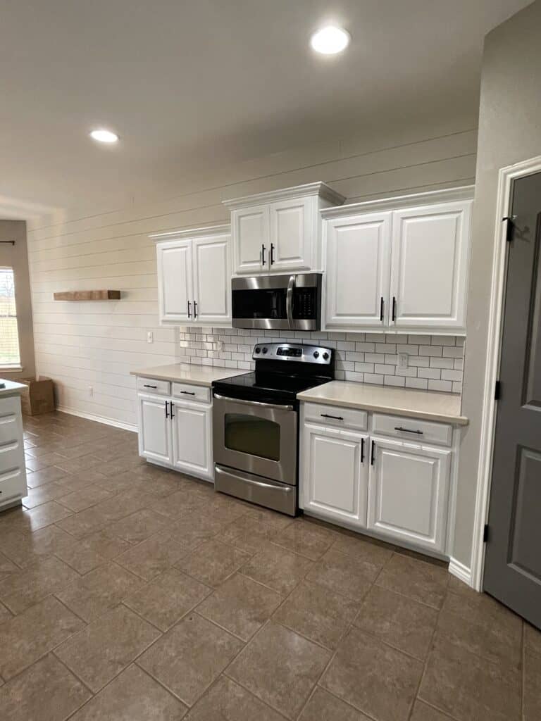 Faux shiplap wall in kitchen