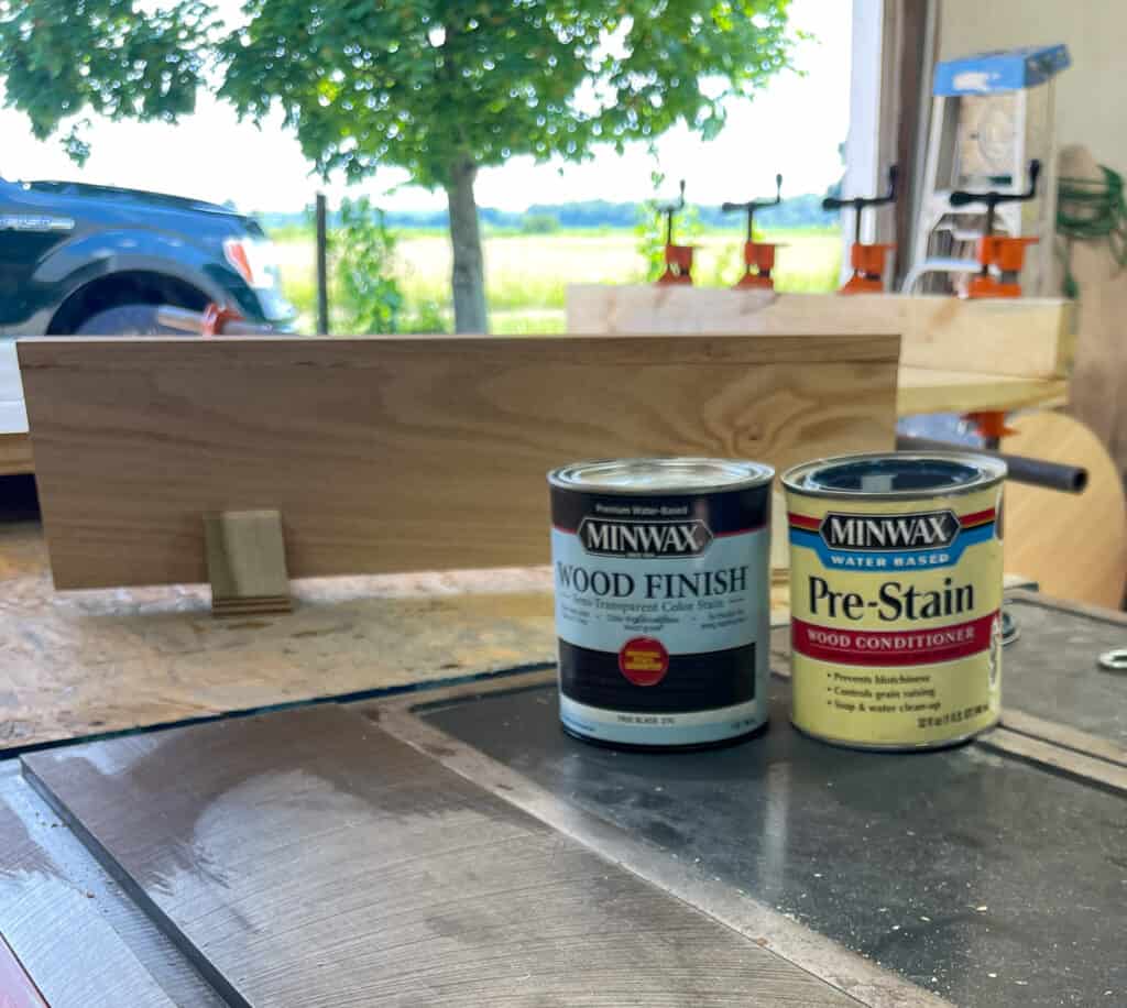 Water-based stain on work bench. 