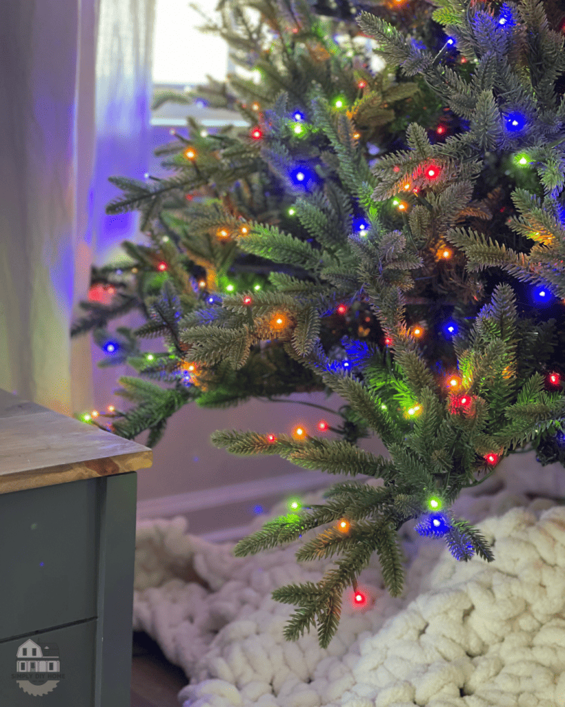 Colored lights on the Costco tree. 