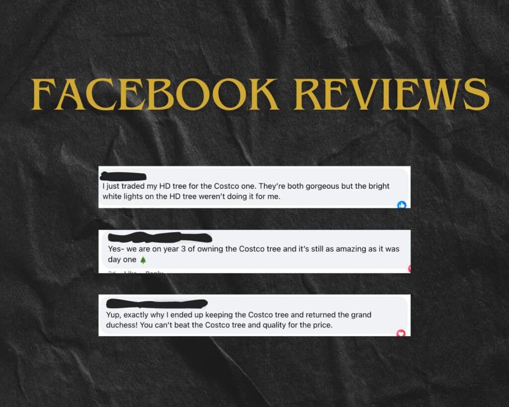 Facebook reviews on the comparison of the home depot tree and costco tree. 
