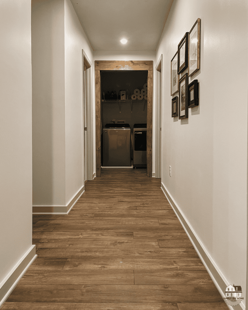 New wood beam doorway in hallway.